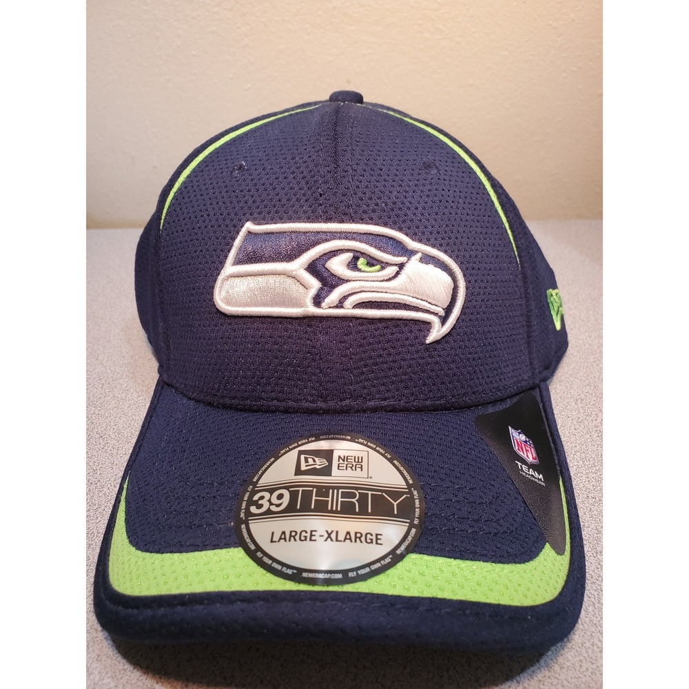 New Era 39THIRTY Seattle Seahawks Hat Navy Blue Action Green L-XL NFL Cap NWT